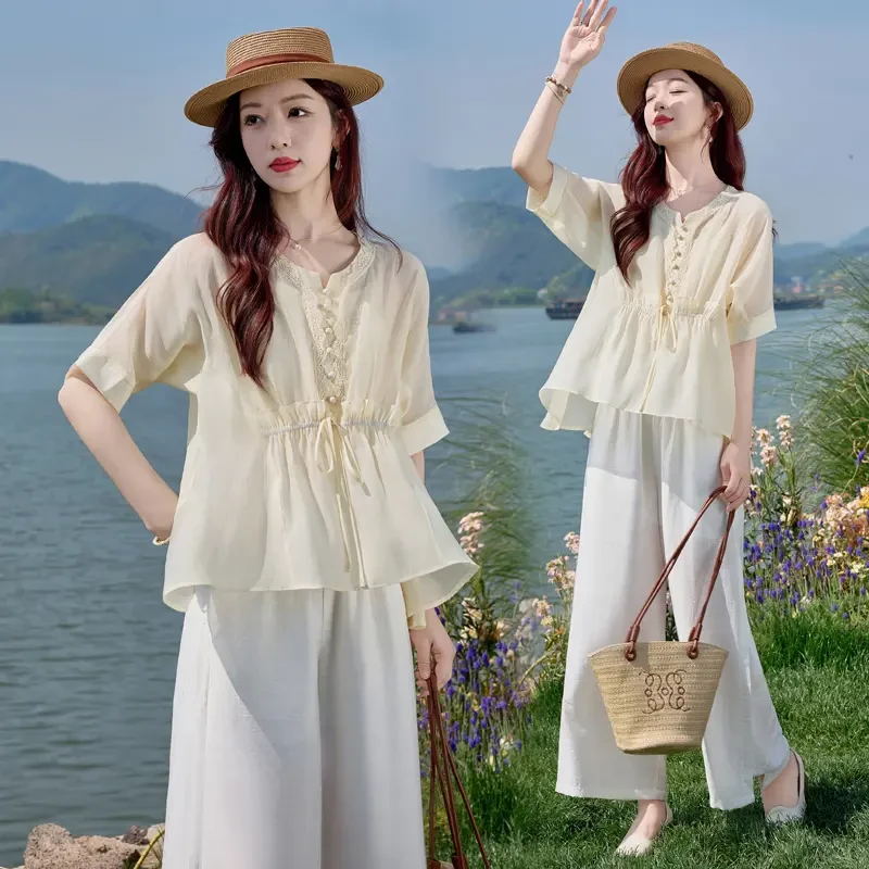 时尚休闲套装女2025新款夏季气质宽松显瘦小吊带衬衫阔腿裤三件套