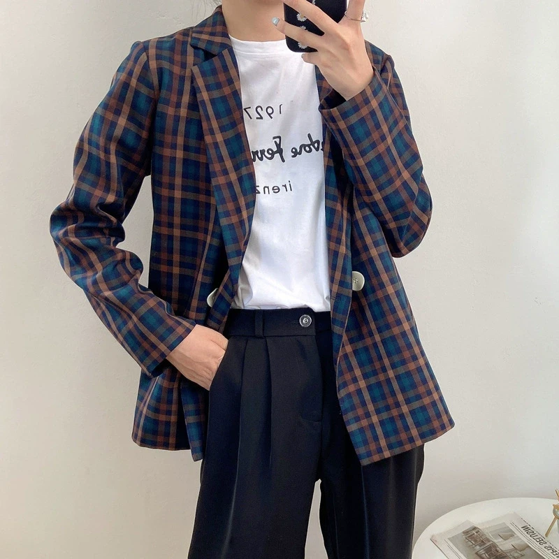 5125  春秋vintage设计感小众休闲上衣英伦风格子小西装外套女
