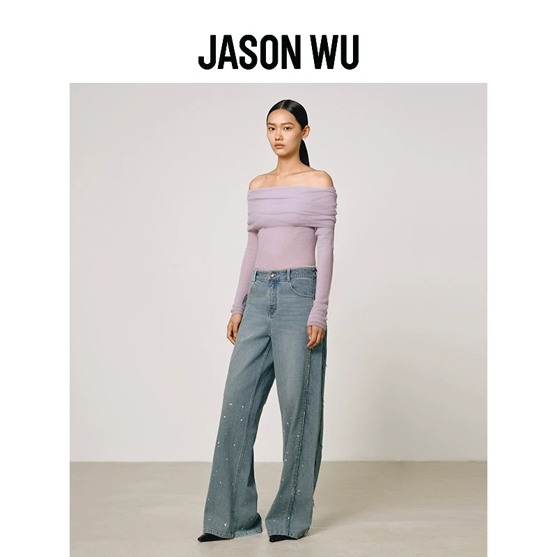 【春夏新品】JASON WU24年新款时尚优雅绵羊毛一字肩上衣毛衣针织衫