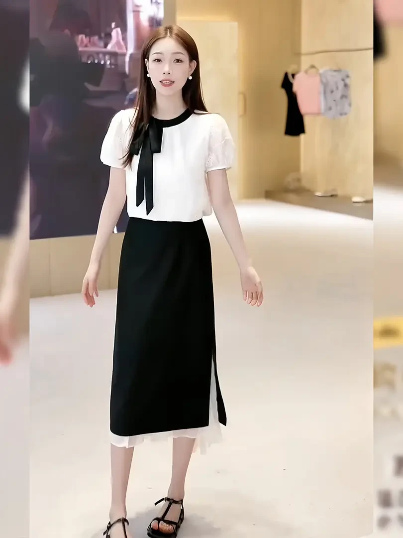 2025夏季新款蝴蝶结系带法式衬衫短袖上衣气质高腰半身裙两件套女
