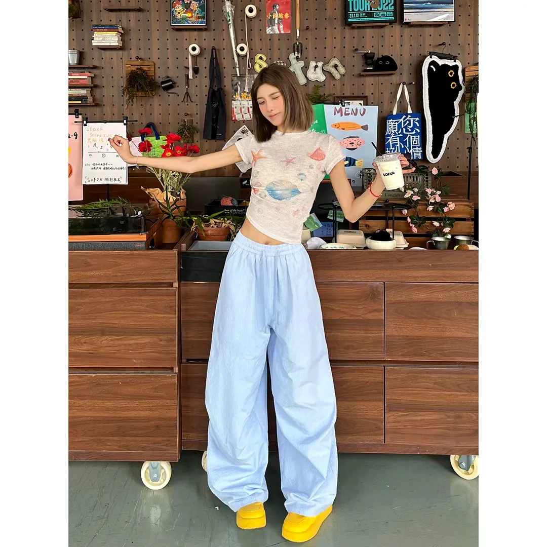 YorkZoom夏季轻薄透气条纹休闲裤宽松阔腿长裤跳舞裤伞兵裤薄款