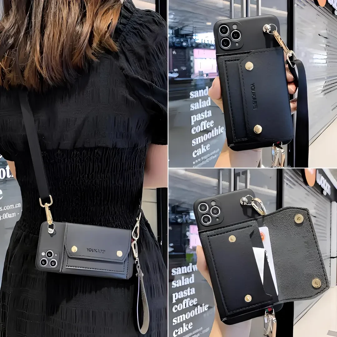 黑色双层零钱包适用【iPhone/华为/VIVO/OPPO/小米】斜挎挂绳手机壳