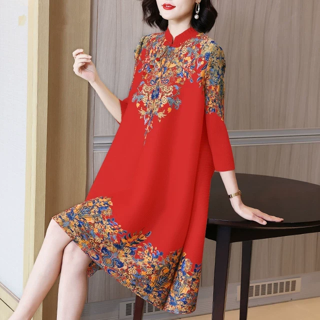 喜婆婆红色连衣裙妈妈婚宴礼服新中式国风印花改良旗袍大码女春装