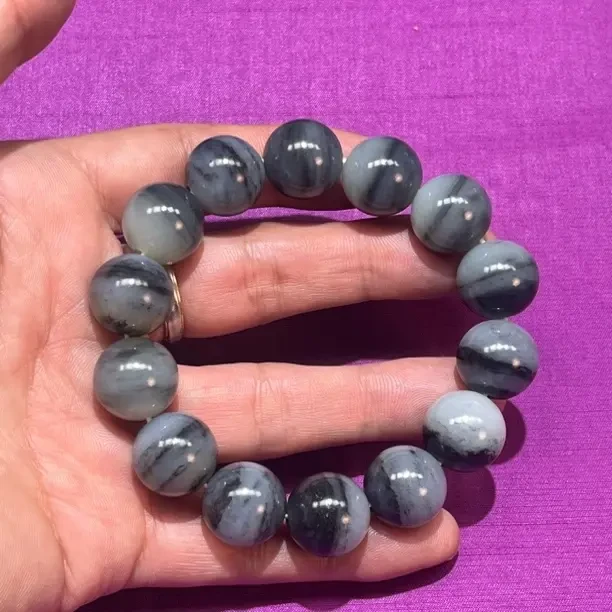 新疆和田玉青花黑白分明山水意境圆珠单圈手串约16mm