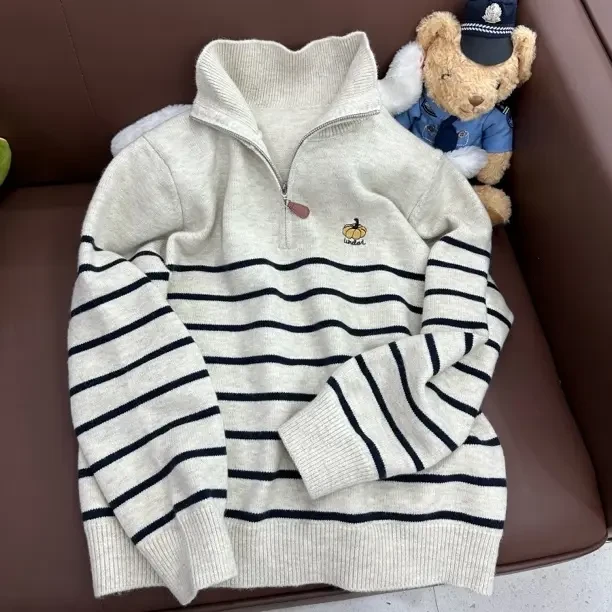 幻彩家立领拉链条纹针织开衫长袖时尚百搭秋冬慵懒风显瘦洋气