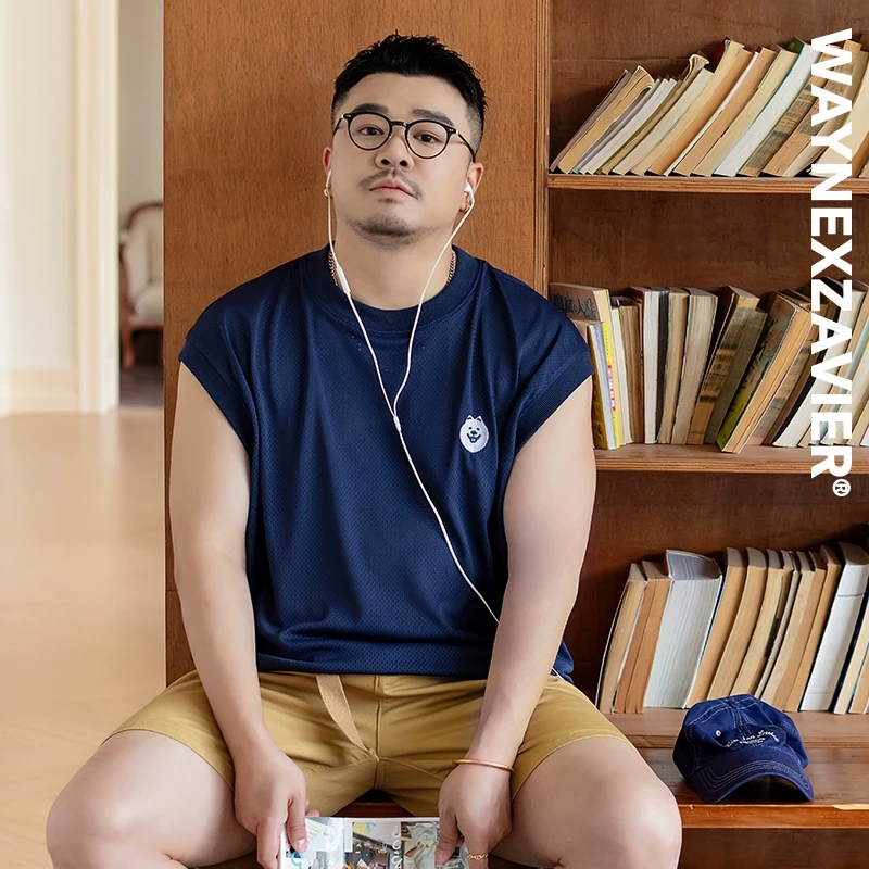 韦恩泽维尔加肥加大宽松大码男夏圆领印绣花网眼透气弹力背心9208