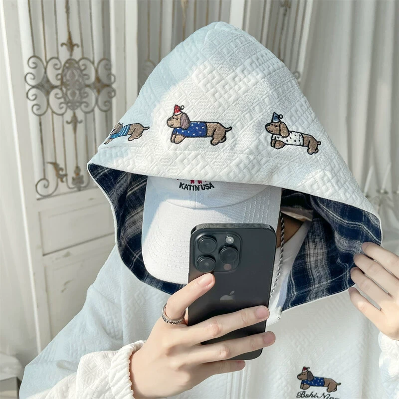 腊肠狗刺绣连帽开衫卫衣男2025春季新款重磅潮牌大码宽松休闲外套