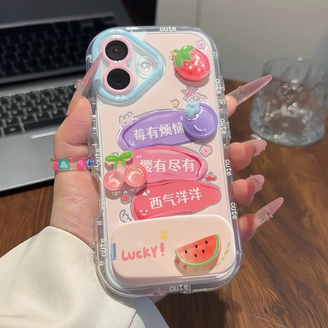 适用适用苹果16莓有烦恼镜子支架泡芙手机壳iPhone华为oppovivo小