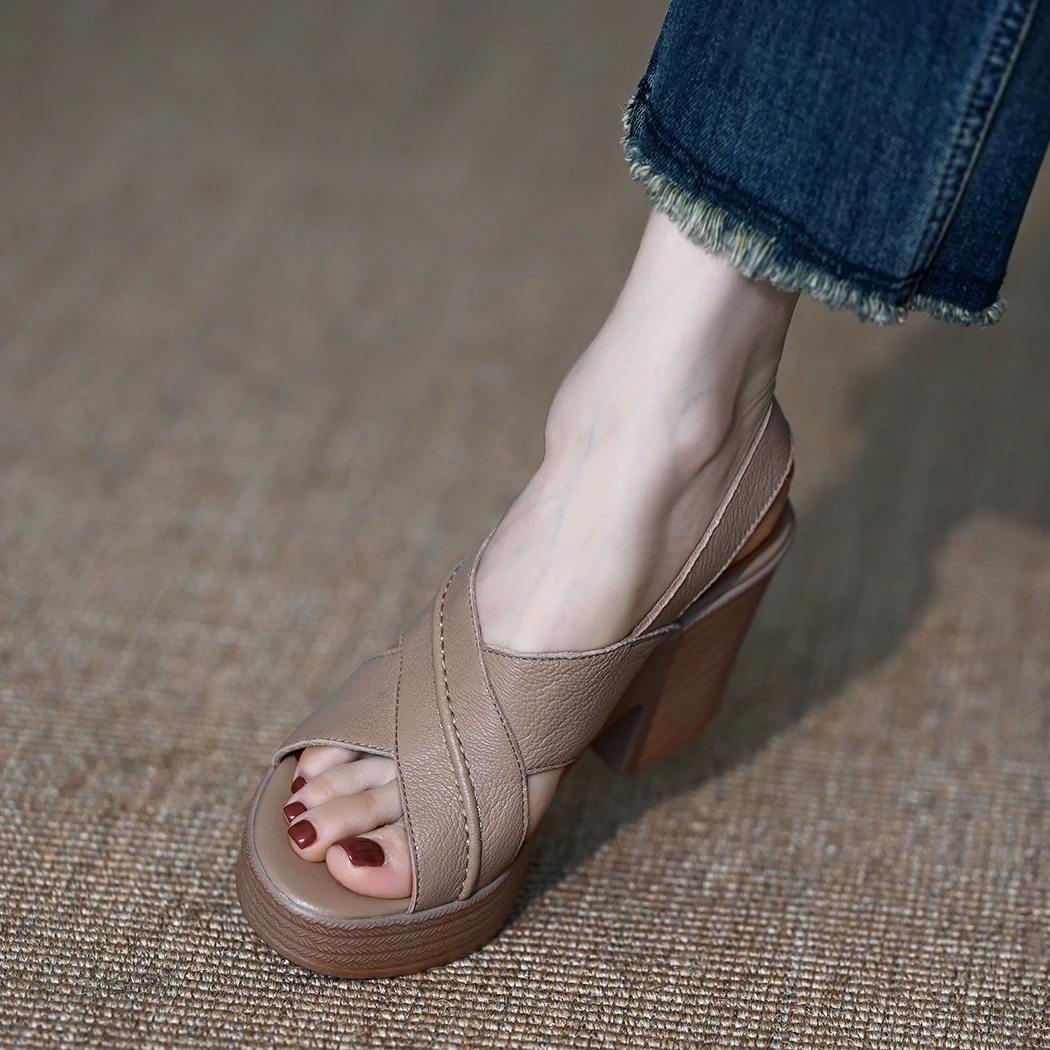 高跟鞋女2025新款羊皮交叉绑带魔术贴松糕厚底露趾凉鞋