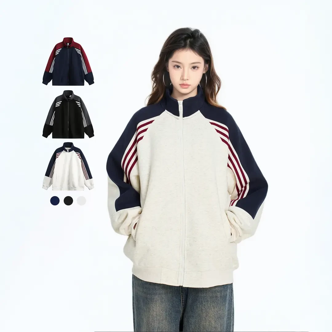 美式撞色拼接织带运动休闲外套男女春秋学院风拉链卫衣开衫球服
