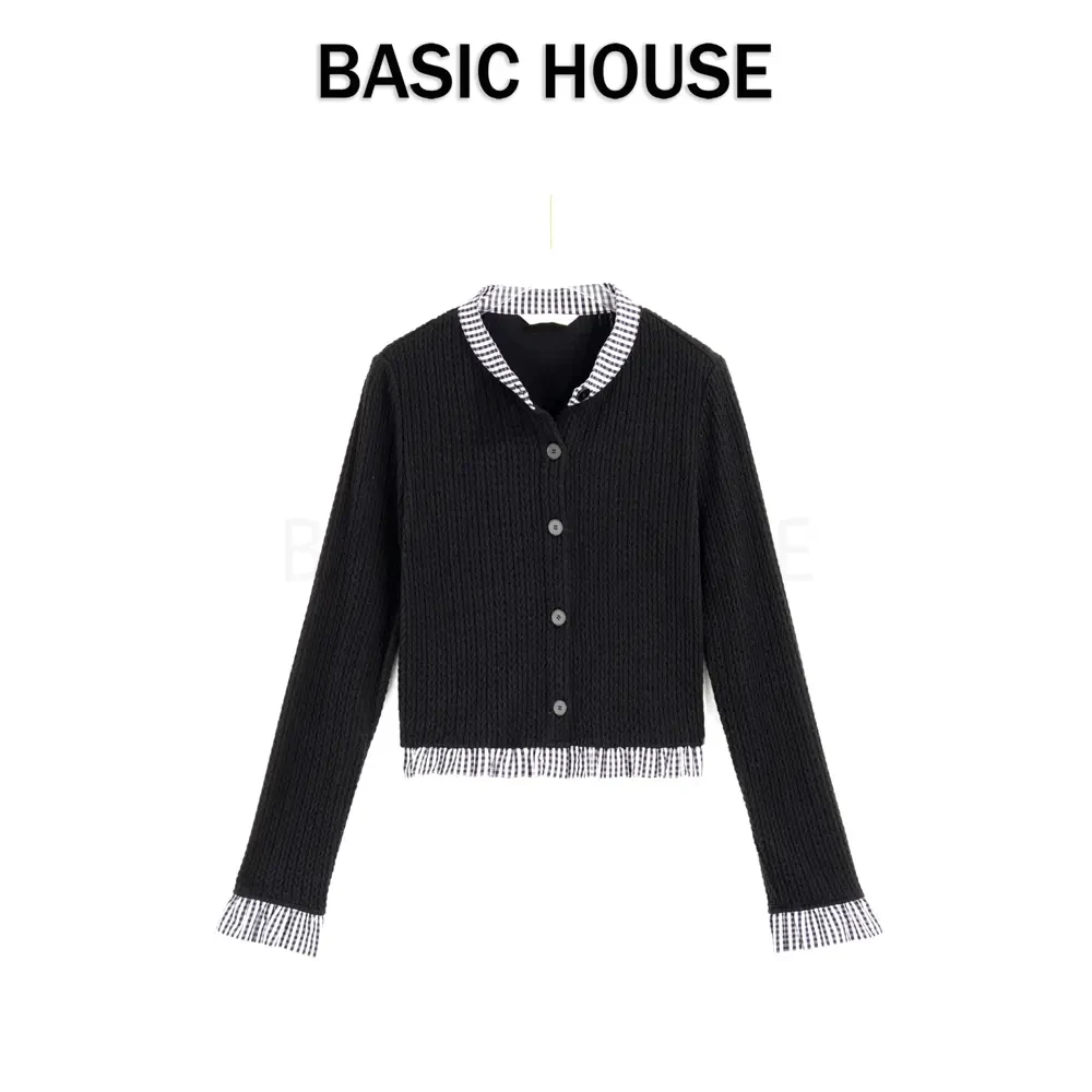 Basic House/百家好CSM24秋气质长袖时尚拼接圆领显瘦修身针织衫