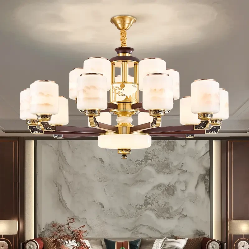 新中式客厅吊灯全铜实木中国风2025新款现代中式别墅大厅卧室餐厅