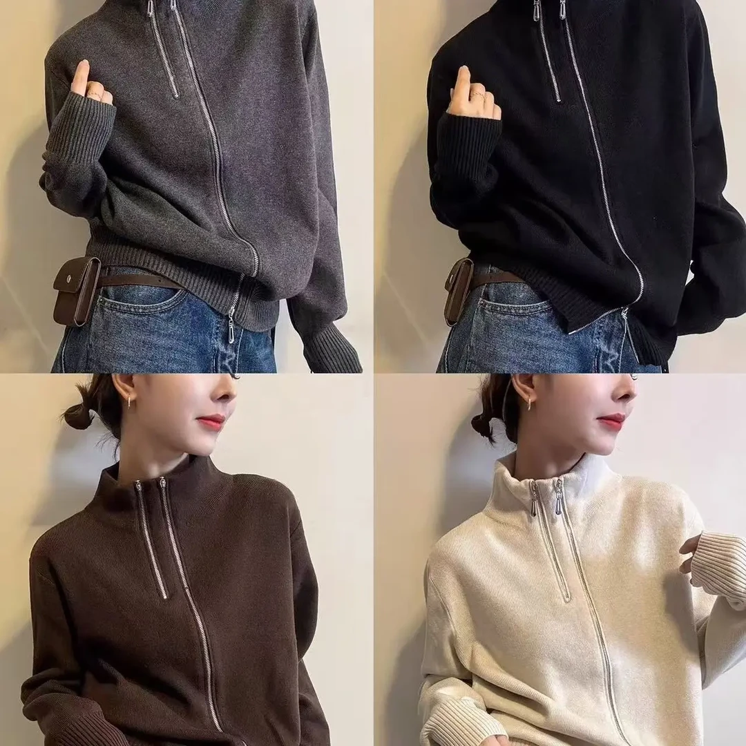 针织半高领双拉链设计感时尚百搭女士秋冬开衫