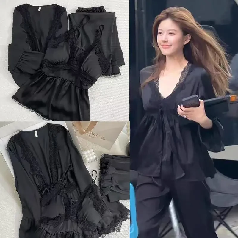 露思同款网红冰丝长袖黑色带胸垫三件套大码蕾丝夏季款家居服套装