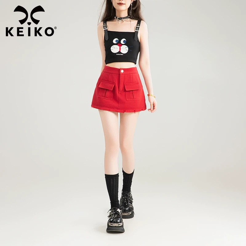 KEIKO 工装口袋红色牛仔短裙裤裙夏季甜辣少女风今年流行的半身裙
