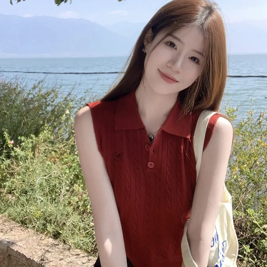 无袖针织背心Polo领短款打底衫女夏外穿小衫通勤显瘦时尚夏季上衣