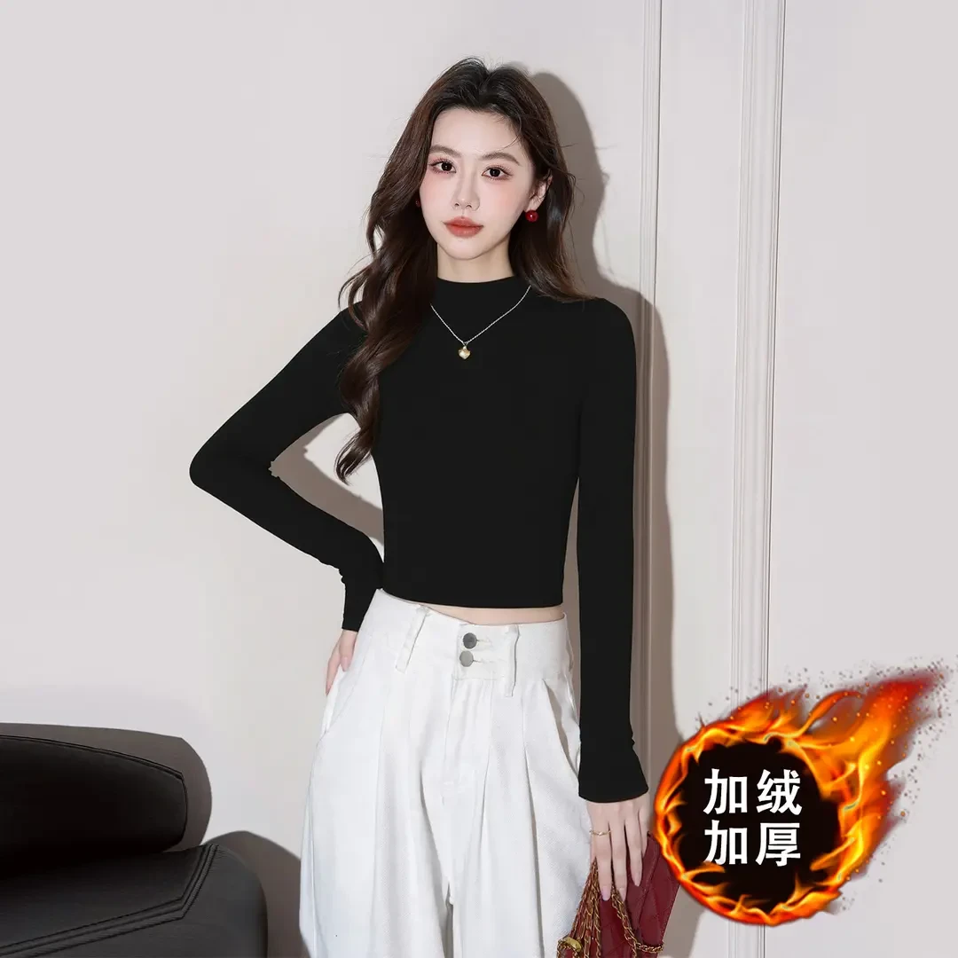 2025年新款黑色薄绒加厚打底衫女秋冬内搭高腰露脐短款保暖上衣潮