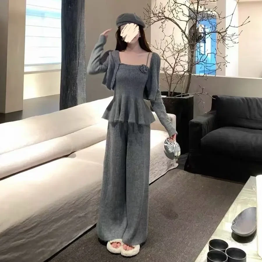 22795#大码韩系立体花收腰吊带开衫高腰阔腿裤三件套（秒默认微瑕