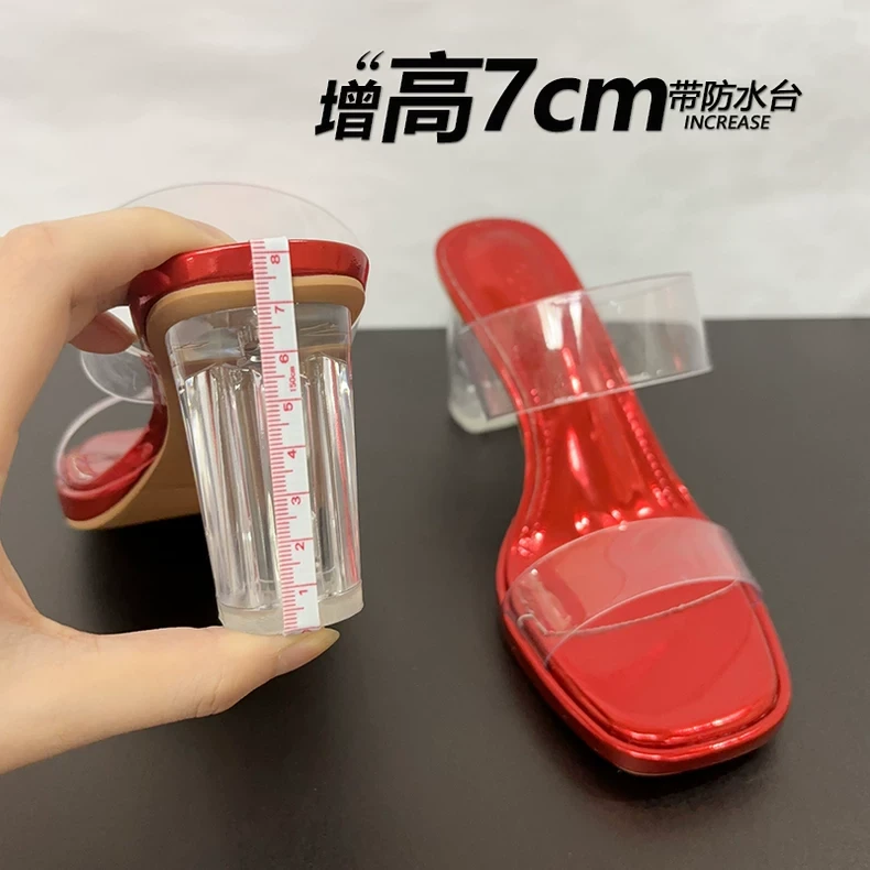爆款~2025夏季新款红色水晶跟高跟一字带防水台粗跟透明凉鞋女潮