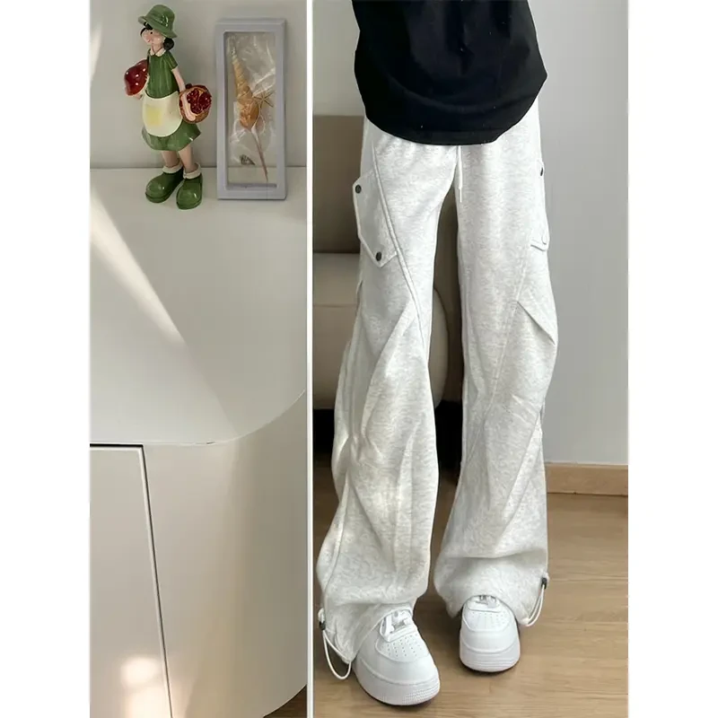 白灰色褶皱高级感卫裤男款春秋季美式hiphop裤子宽松直筒休闲长裤