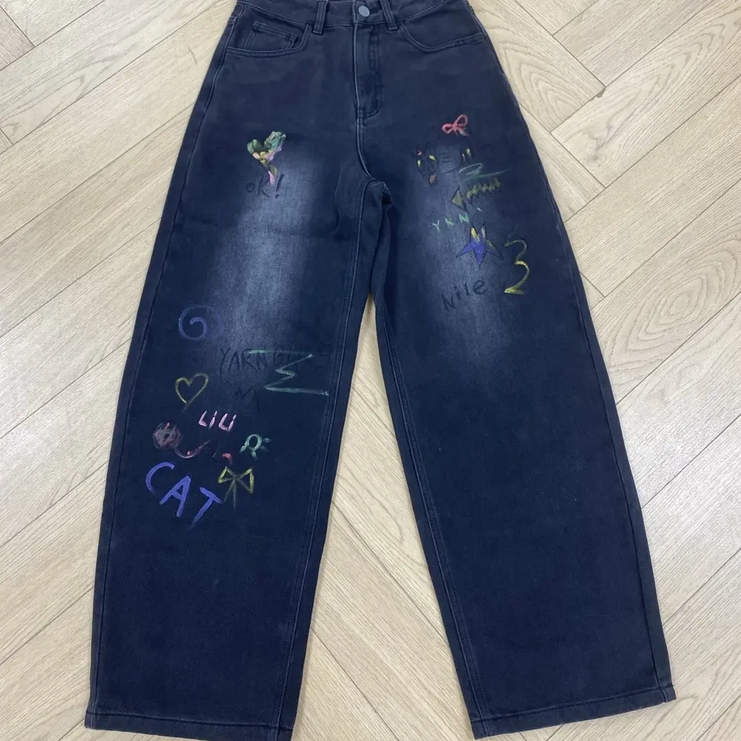 南油Ccc秋冬加绒黑灰色涂鸦高腰百搭牛仔裤