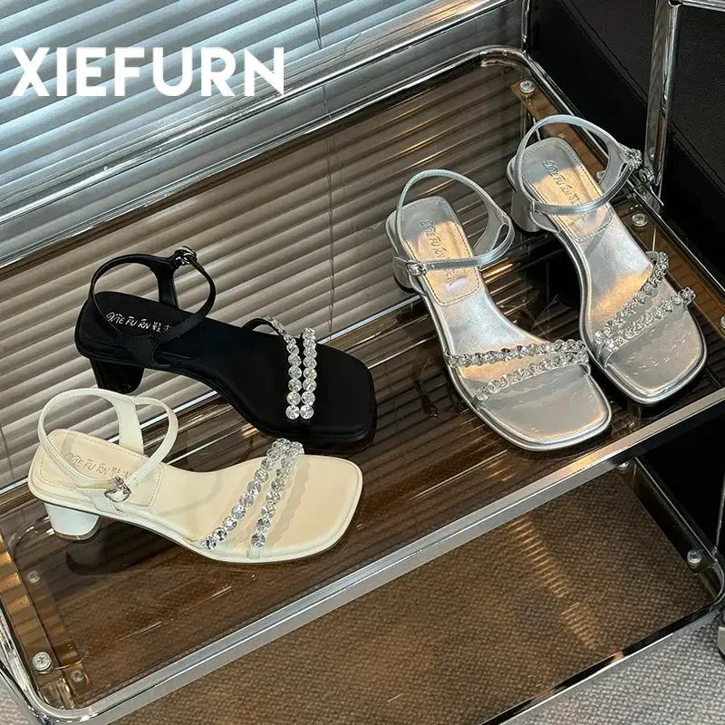 XIEFURN/鞋夫人2025夏季新款仙女风水钻法式一字带粗跟气质凉鞋