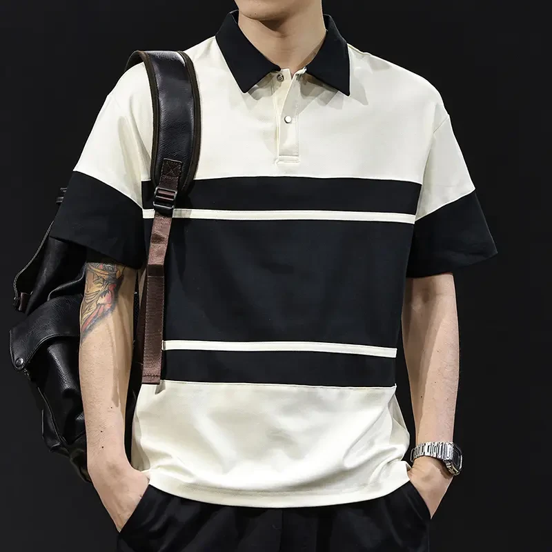 Cebrodz短袖POLO衫男男士夏季宽松条纹日系翻领拼接撞色男士休闲