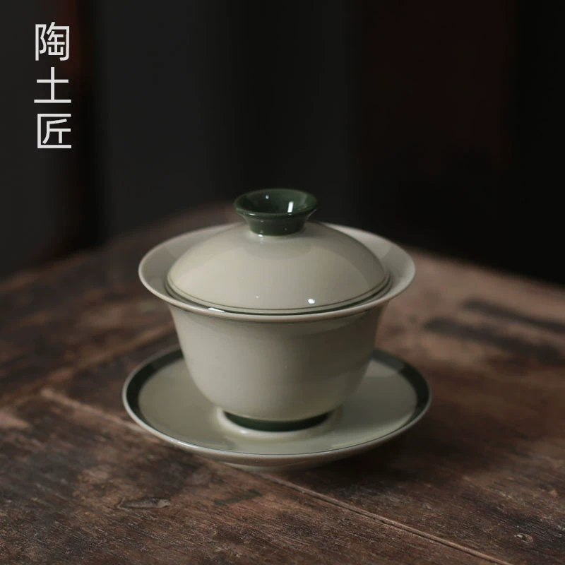 陶土匠草木灰复古玄纹三才盖碗茶杯单个高档功夫茶具泡茶小号盖碗
