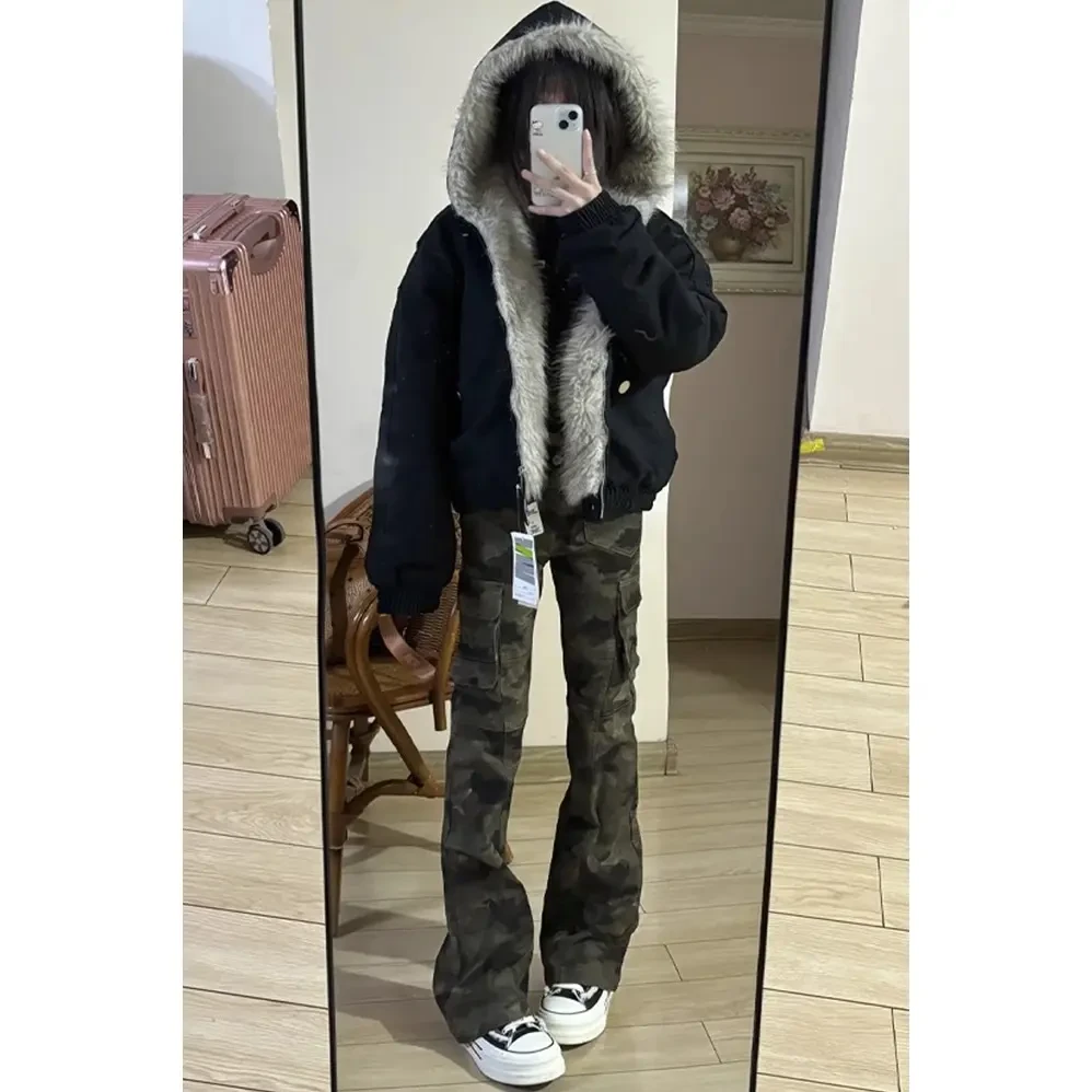 redfire高腰迷彩牛仔裤男款微喇叭直筒修身工装裤美式复古cra裤子