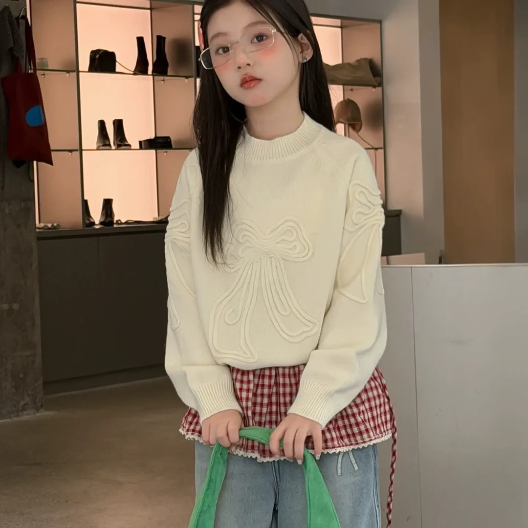 300-mochier沫弛尔女童蝴蝶结韩版加厚圆领针织毛衣2025冬季新品