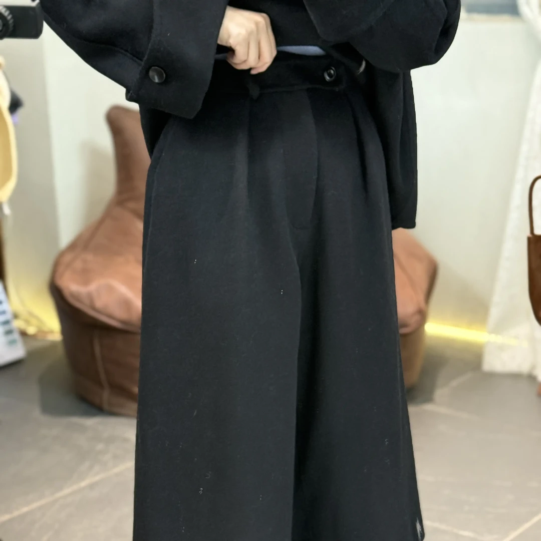 6678#秋冬新款高腰显瘦羊毛手缝阔腿裤女宽松直筒七分裤