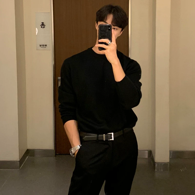 秋季新款圆领纯色毛衣男宽松韩版潮流打底针织衫外穿线衣休闲百搭