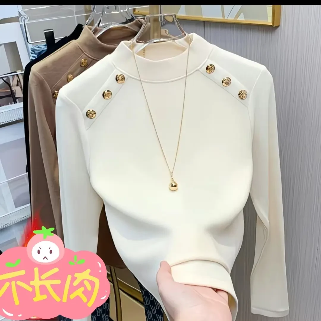 半高领德绒打底衫女秋冬新款修身时尚双面绒T恤加绒保暖内搭上衣