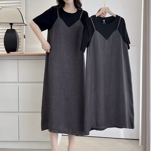 连衣裙女大码胖mm宽松遮肚2025年夏季显瘦拼接假两件a字短袖裙子