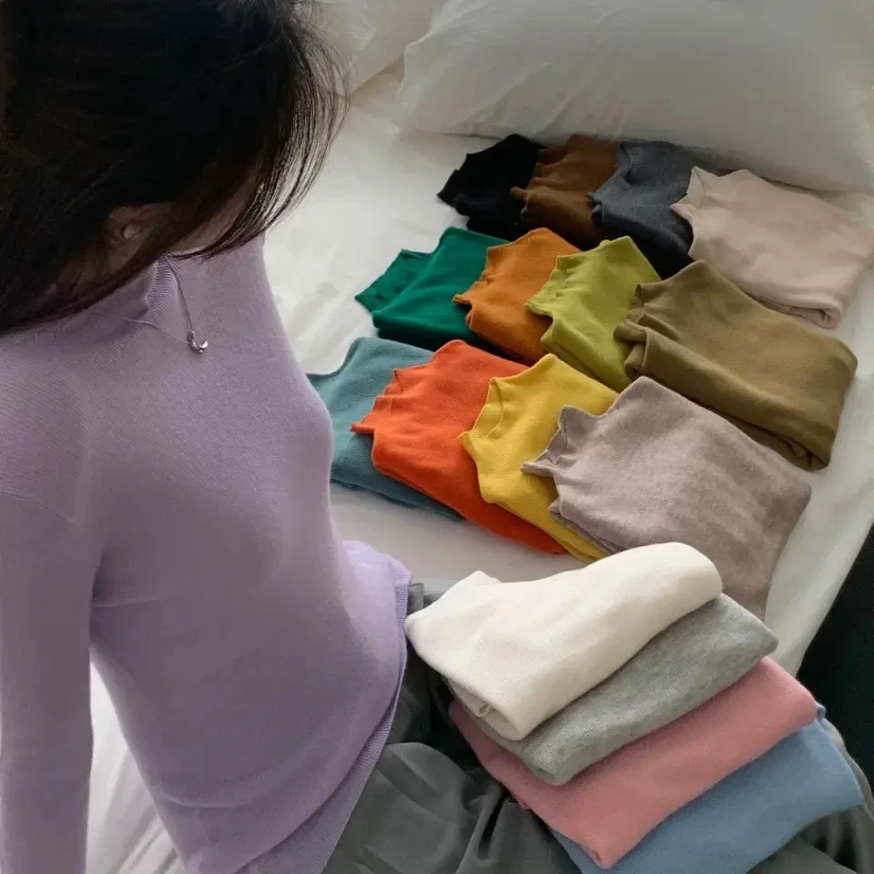 修身型长袖常规款荷叶领冬季针织女秋季套头毛针织衫