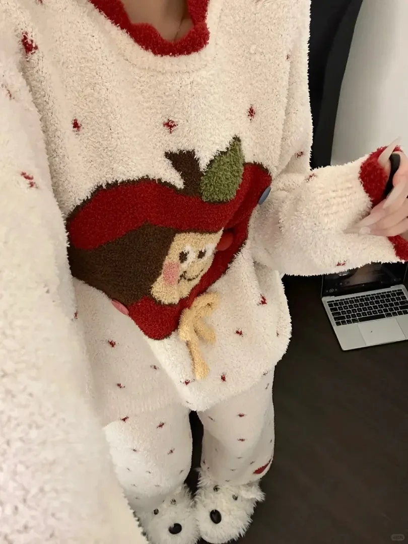 韩系甜美苹果印花半边绒睡衣女秋冬季新款大码针织保暖家居两件套