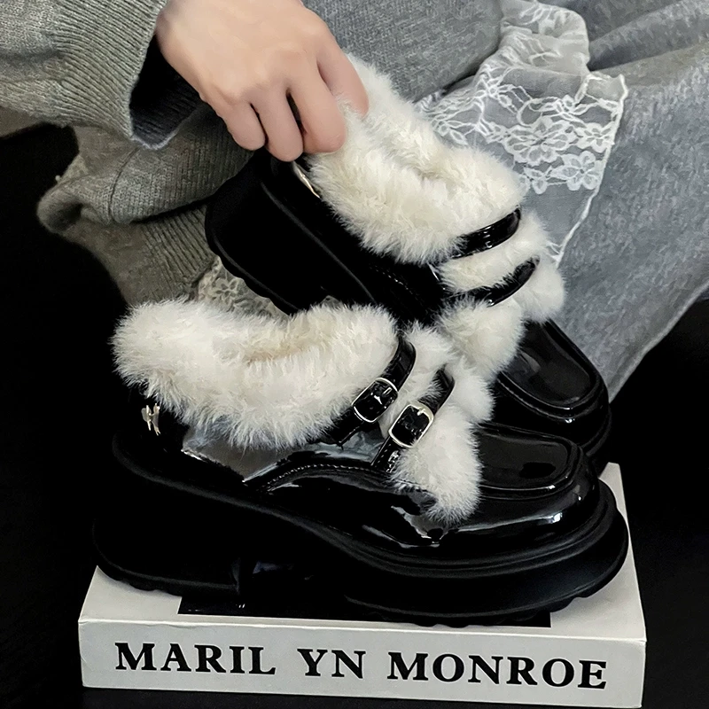 毛绒复古英伦风时尚乐福鞋厚底棉鞋女2024冬季新款加绒高跟小皮鞋
