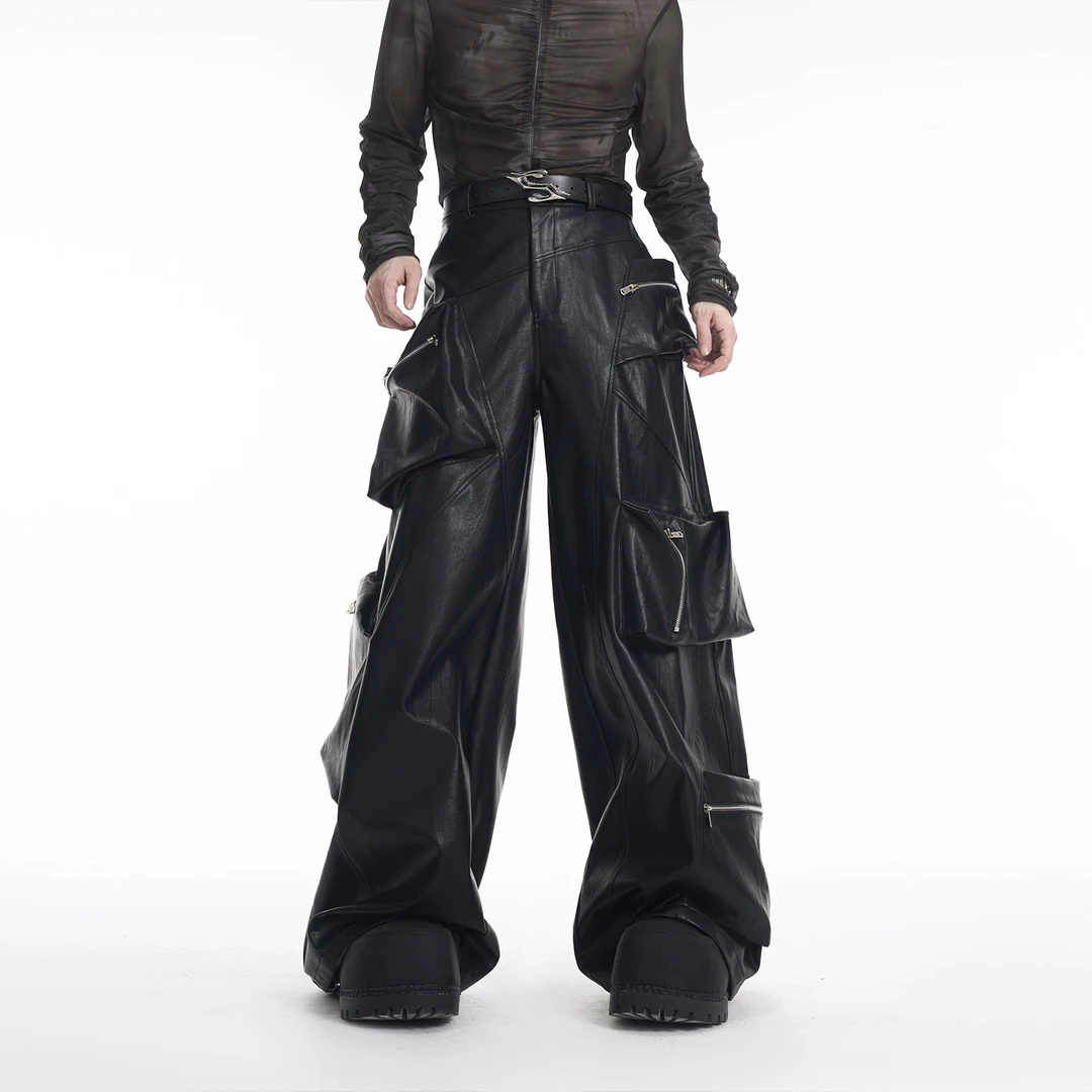 STARTEXCEEDEND重磅黑色PU皮裤男春季立体多口袋机能炸街工装裤潮