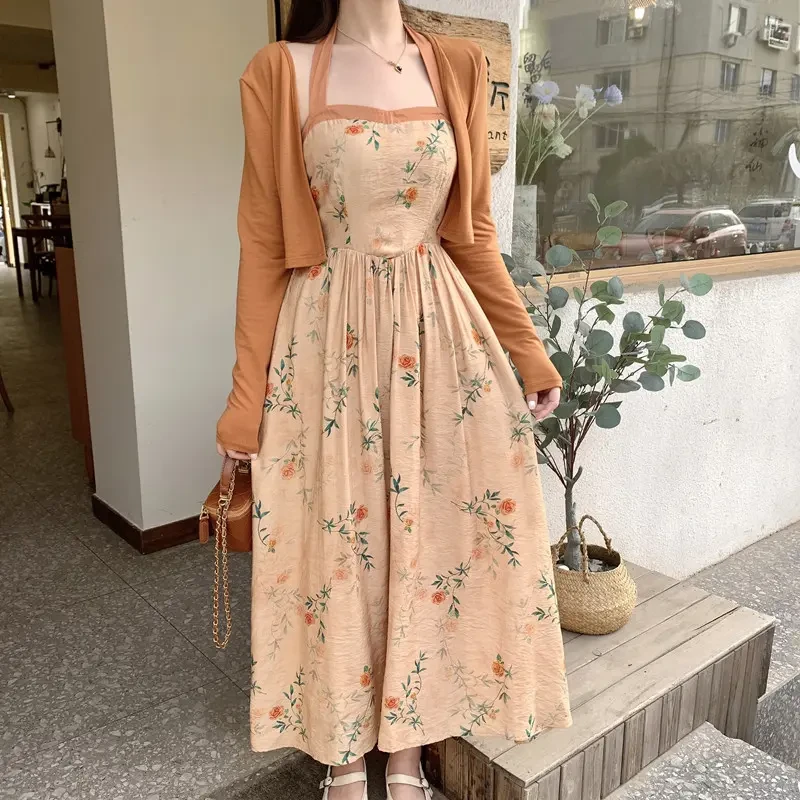 【无关风月】碎花显瘦连衣裙围脖长裙开衫两件套装夏