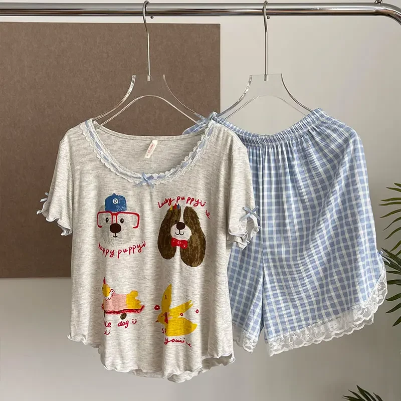 带胸垫凉感透气短袖套装夏季薄款冰丝莫代尔短裤家居服带