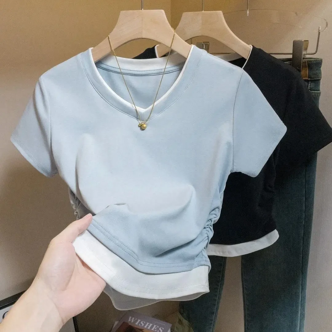 撞色假两件正肩短袖T恤女夏季新款掐腰设计感V领不规则小个子上衣