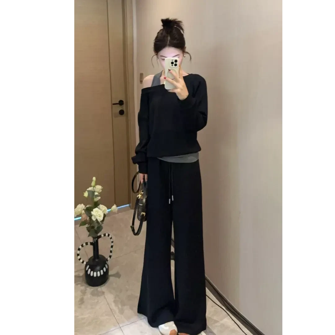 2025春秋显瘦减龄休闲套装秋季斜肩假两件卫衣轻熟风两件套显瘦