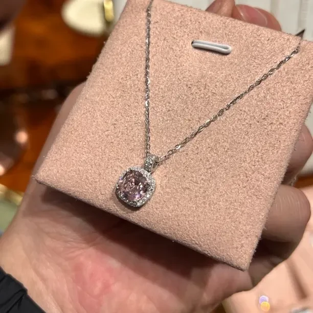 链子925银莫桑石 小方糖925银合成锆石公主方粉色锆石方糖项链