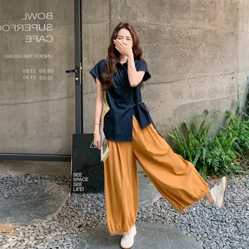 甜酷氛围感套装裤夏季女2025新款复古港风收腰牛仔上衣花苞阔腿裤