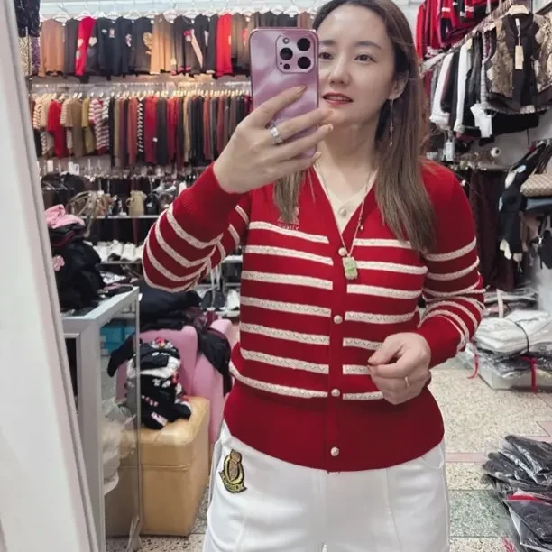 长袖天丝百搭V领条纹薄款，