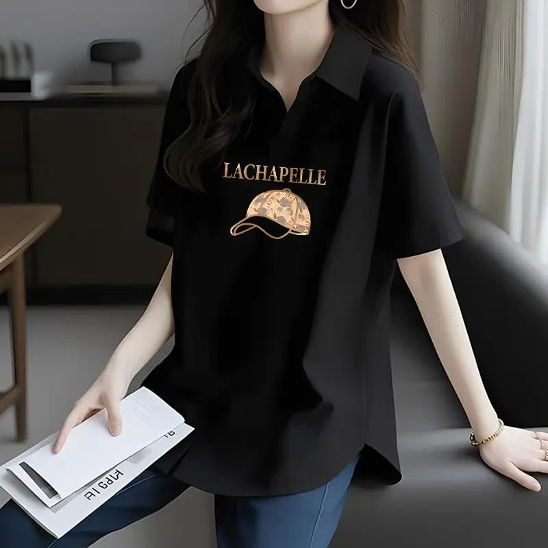 短袖POLO衫女夏大码显瘦休闲黑色洋气宽松遮肉遮肚子翻领T恤上衣