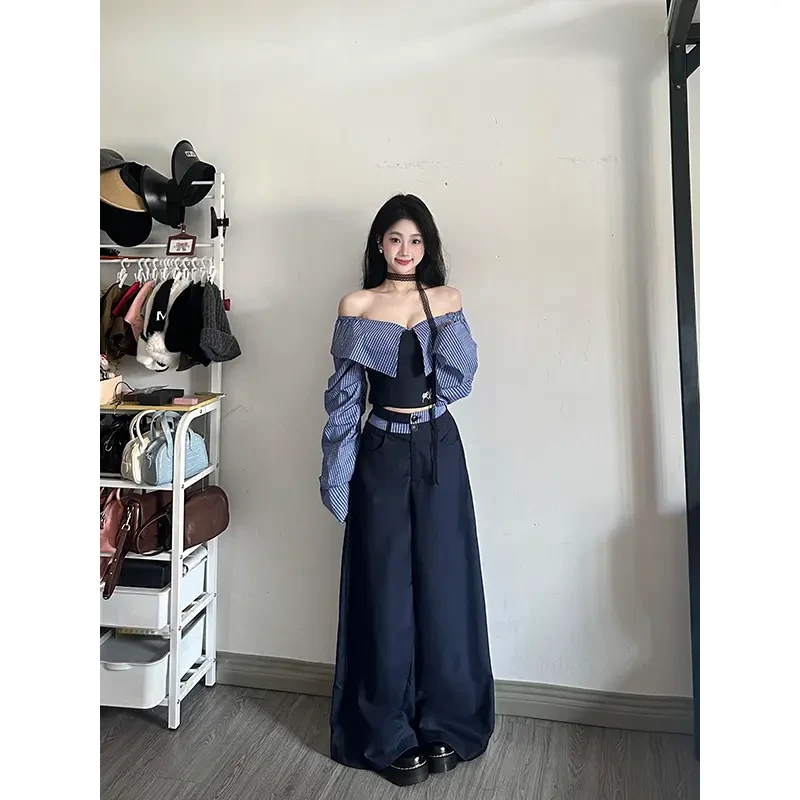 韩系学院春季条纹一字肩长袖衬衫高腰直筒拼接大喇叭宽松阔腿长裤