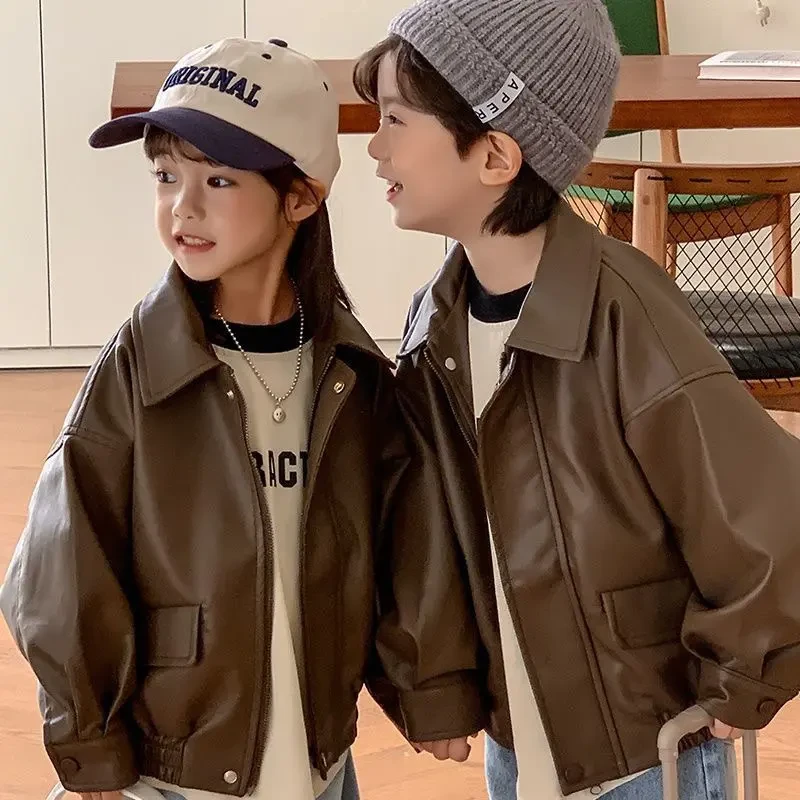 儿童皮衣外套2025春秋新品男女童纯色翻领皮夹克男宝宝韩版机车服