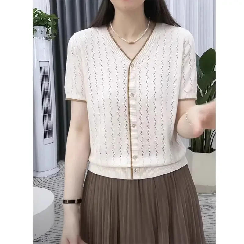 中年夏季短袖领t恤女薄款镂空针织小衫洋气减龄宽松时尚针织上衣