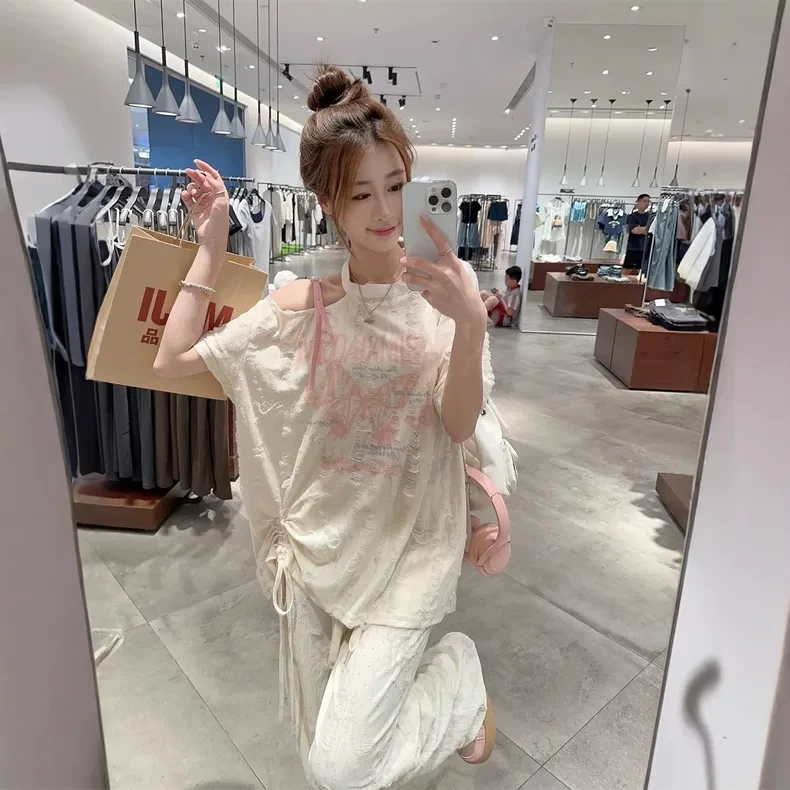 2025年夏季新款女装韩系蝴蝶结印花抽绳露肩宽松短袖防晒T恤